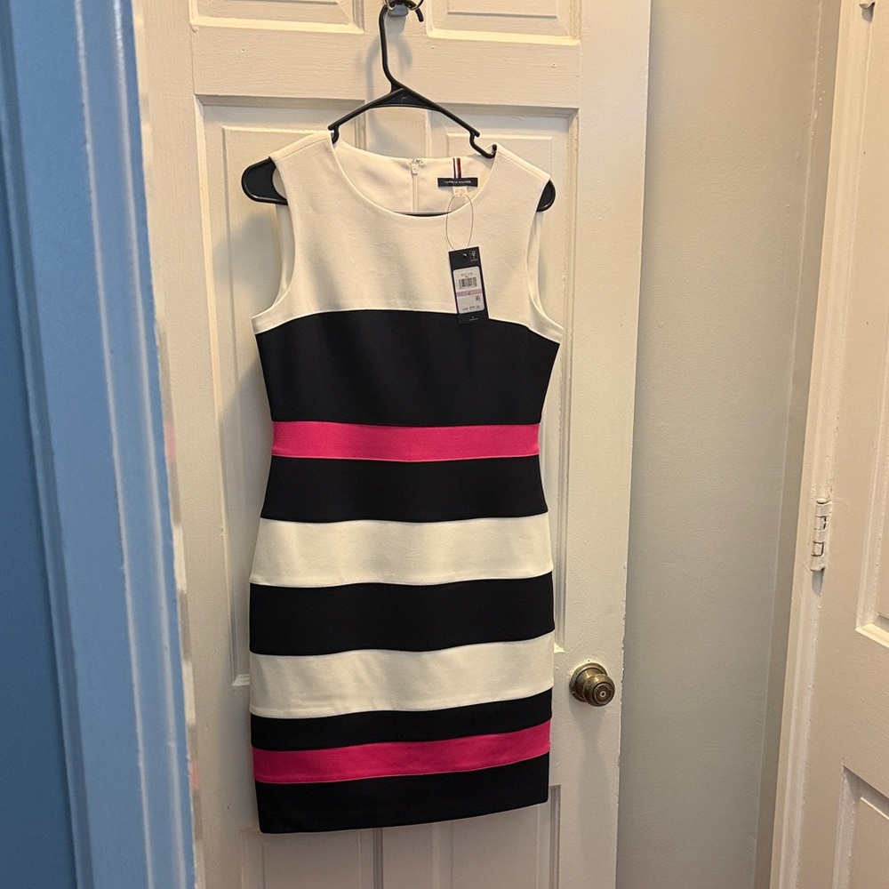 Tommy Hilfiger Black, White & Pink Striped Sleeveless Sheath Dress